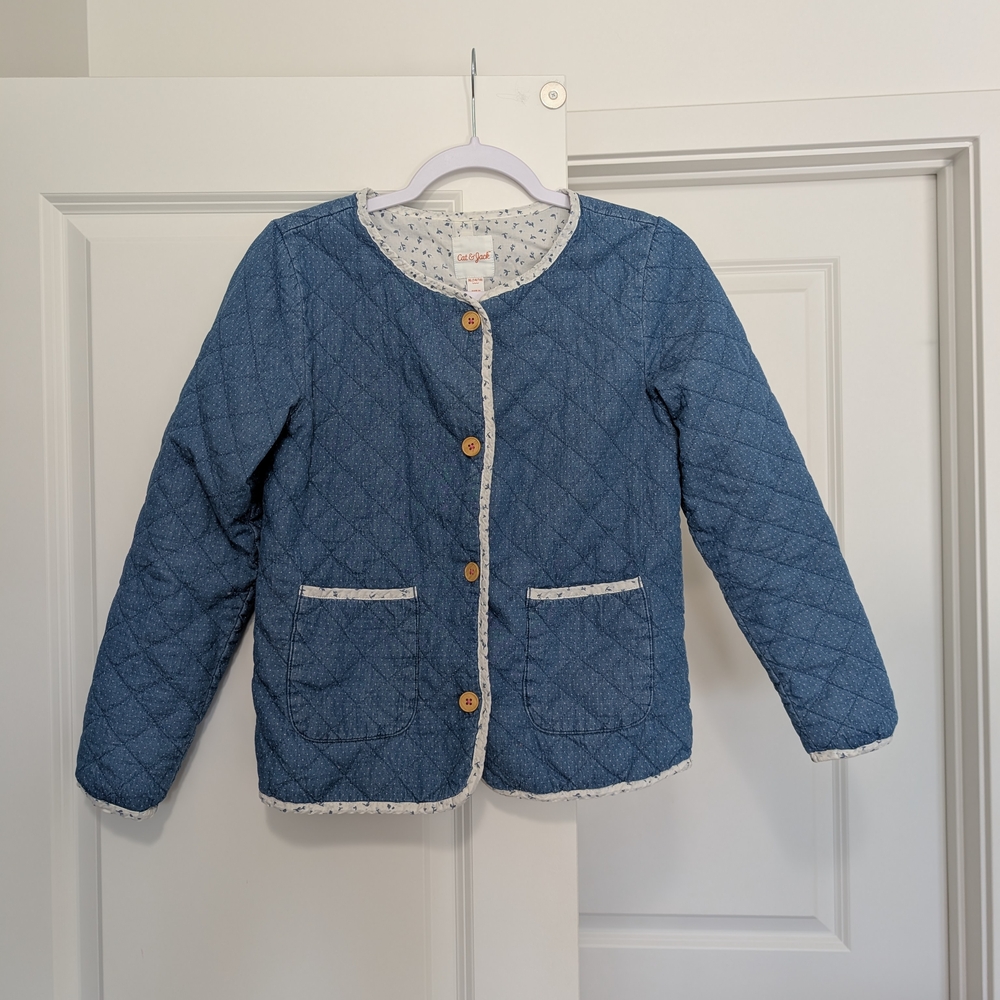 Blue Floral Puffer Jacket Quilted Design With Pockets Size XXS